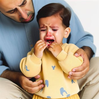 A toddler crying with a chipped tooth, while a parent comforts them-1