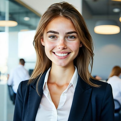 A young professional woman in her late twenties stands confidently her radiant smile showcasing the results of her recent dental treatment With her hair neatly styled and wearing a tailored blazer she exudes an air of accomplishment and satisfaction